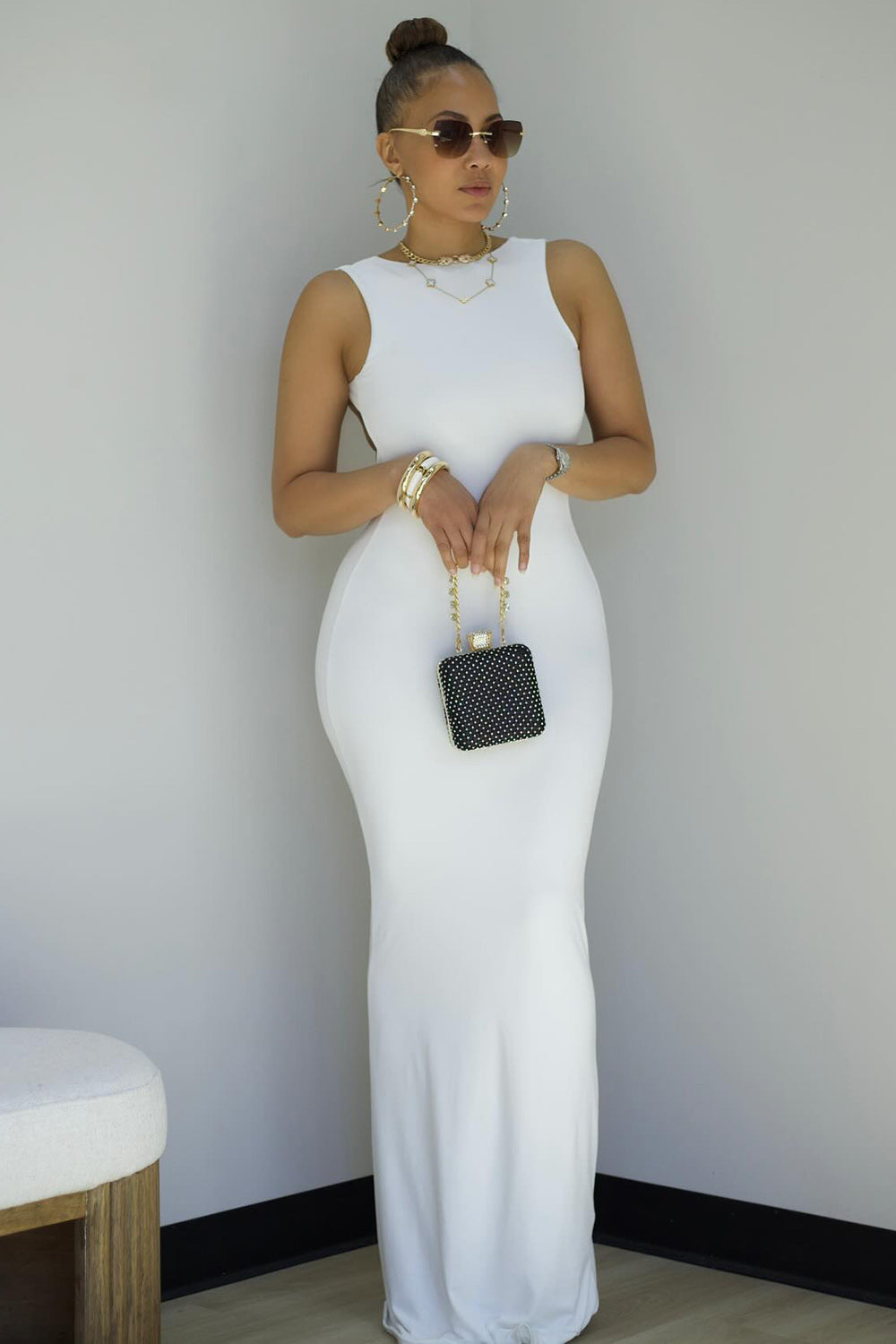 Backless Slim-Fit Sleeveless Solid Party Maxi Dresses-White [Pre Order]