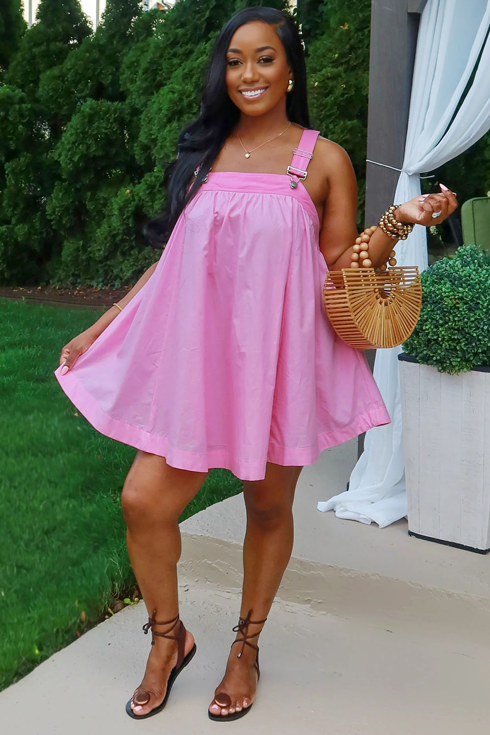 Square Neck Straps Loose-Fit Daily Mini Swing Dresses-Pink [Pre Order]