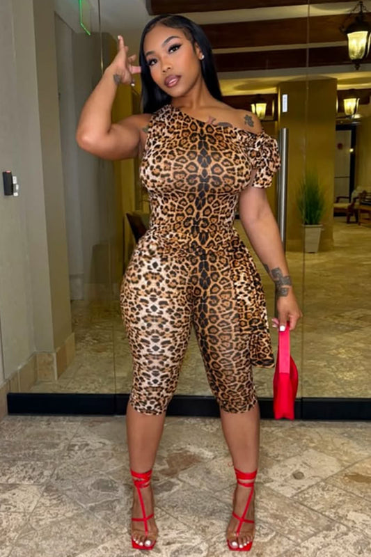 Boat Neck Leopard Print Bodycon Party Cropped Jumpsuit-Brown [Pre Order]