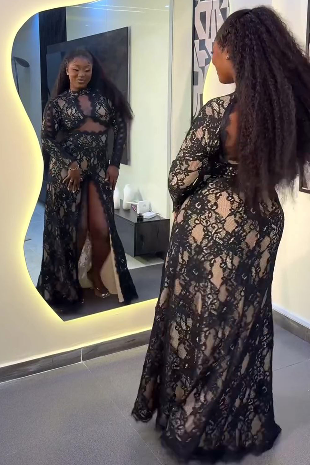 Long Sleeve Cutout Open Back Slit Lace Party Maxi Dresses-Black [Pre Order]
