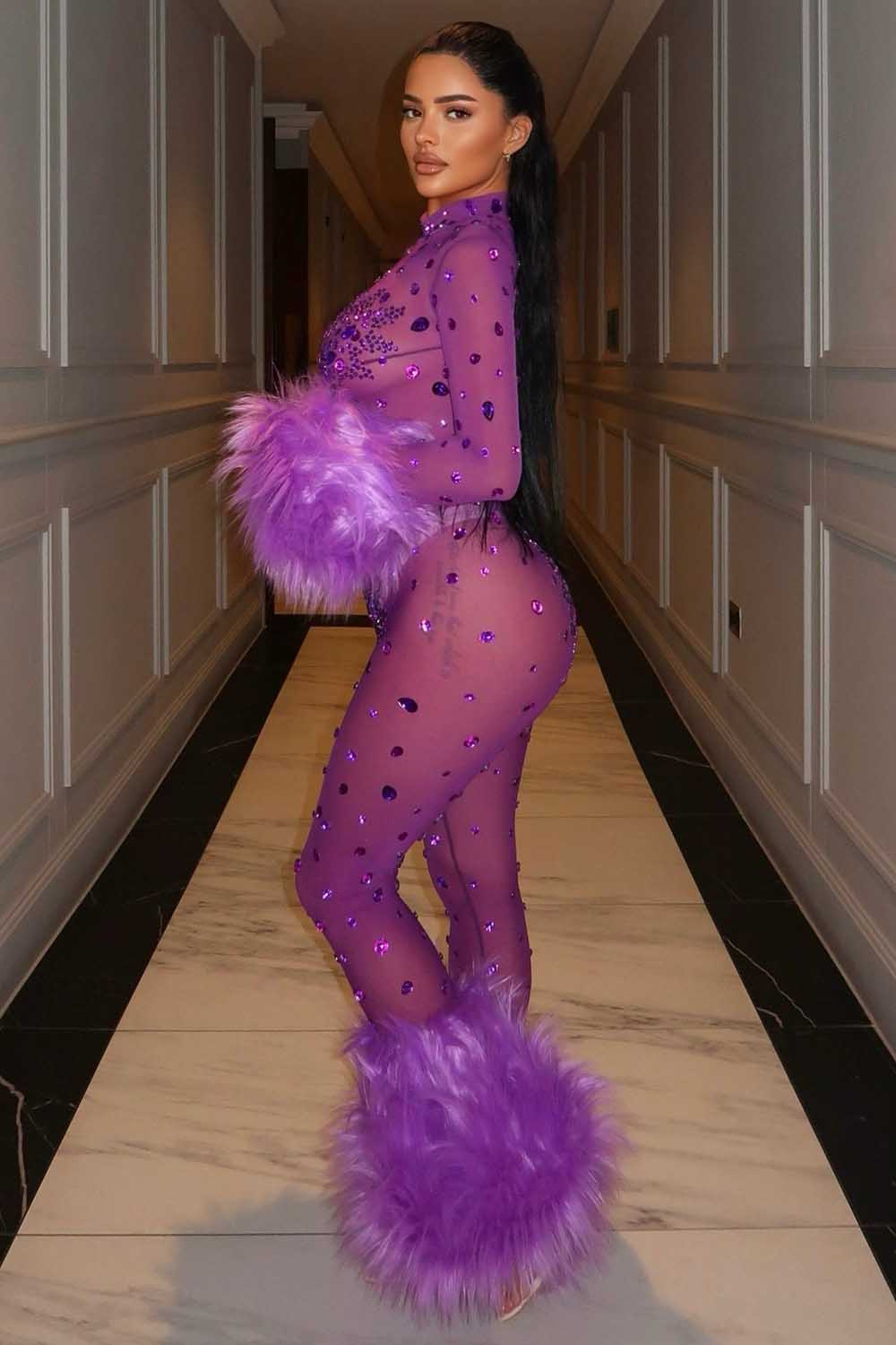 Mock Neck Fuzzy Cuff Sequin Mesh Bodycon Party Jumpsuit-Purple [Pre Order]