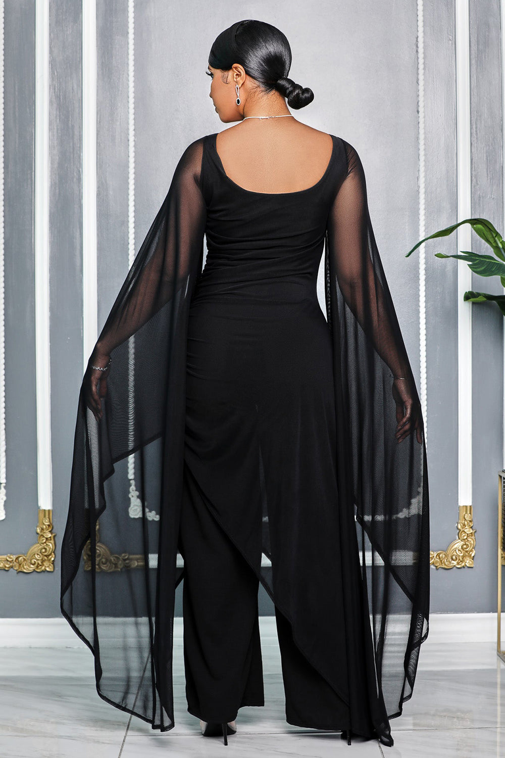 Boat Neck Mesh Slit Sleeve Asymmetric Layer Party Jumpsuit-Black [Pre Order]