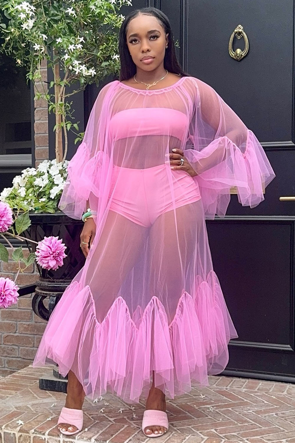 Mesh Ruffle Maxi Dresses Tube Top Shorts Party 3pcs Set-Pink [Pre Order]
