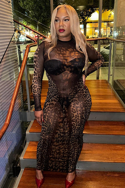Leopard Print Round Neck Long Sleeve See Through Midi Dresses-Black