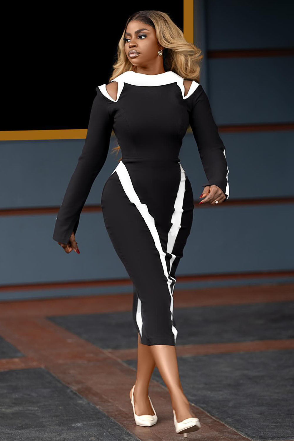 Cold Shoulder Colorblock Long Sleeve Bodycon Midi Dresses-Black [Pre Order]