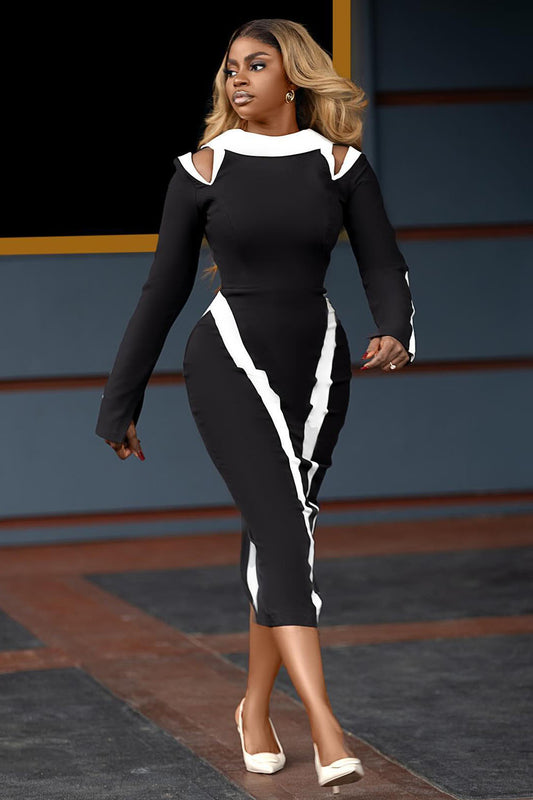 Cold Shoulder Colorblock Long Sleeve Bodycon Midi Dresses-Black [Pre Order]