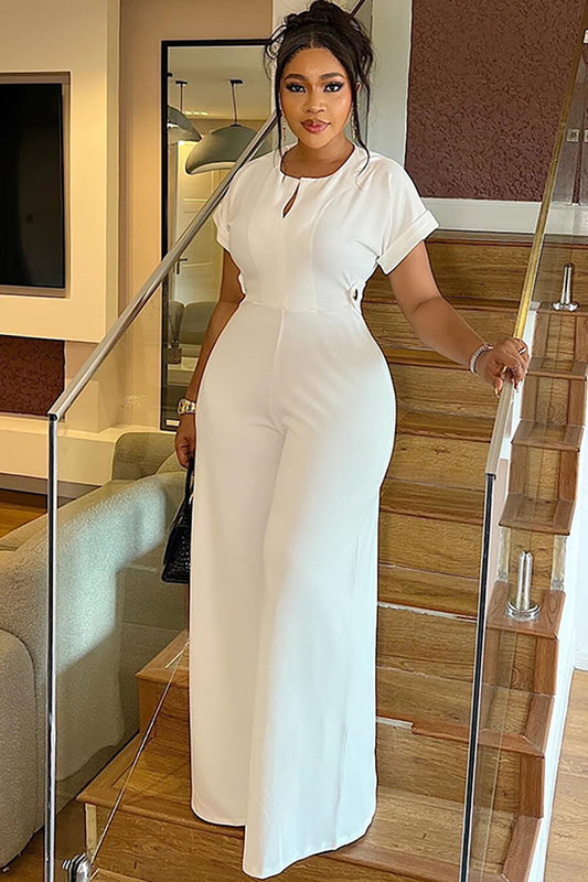 Solid Color Round Neck Short Sleeve Wide Leg Jumpsuit-White