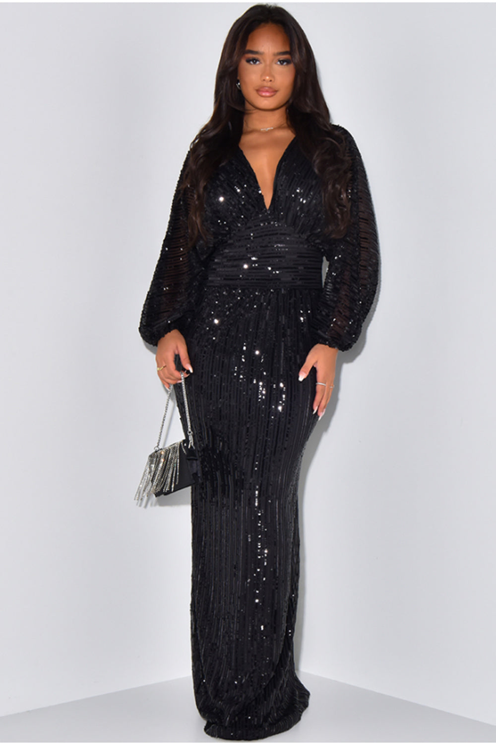 Sequin V Neck Long Bell Sleeve Slim-Fit Party Maxi Dresses-Beige [Pre Order]