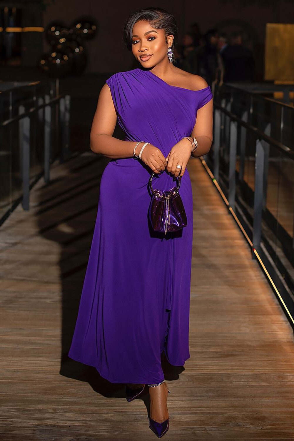 Skew Neck Solid Color Slit A-Line Gowns Maxi Dresses-Purple