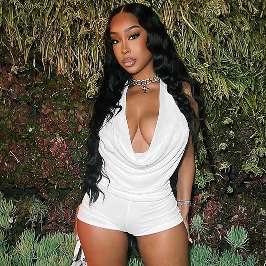 Women's Halter Swing Collar Bare Back Rope Top and Shorts Two-Piece Suit