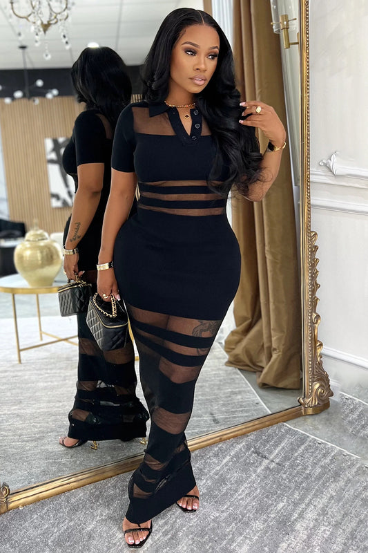 Mesh Patchwork Short Sleeve Bodycon Party Maxi Dresses-Black [Pre Order]