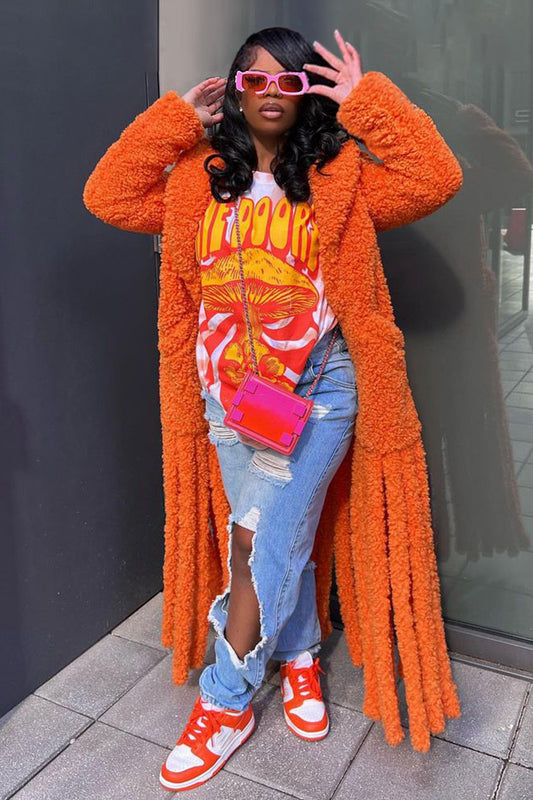 Shawl Collar Long Sleeve Fringe Hem Fuzzy Long Cardigan-Orange [Pre Order]