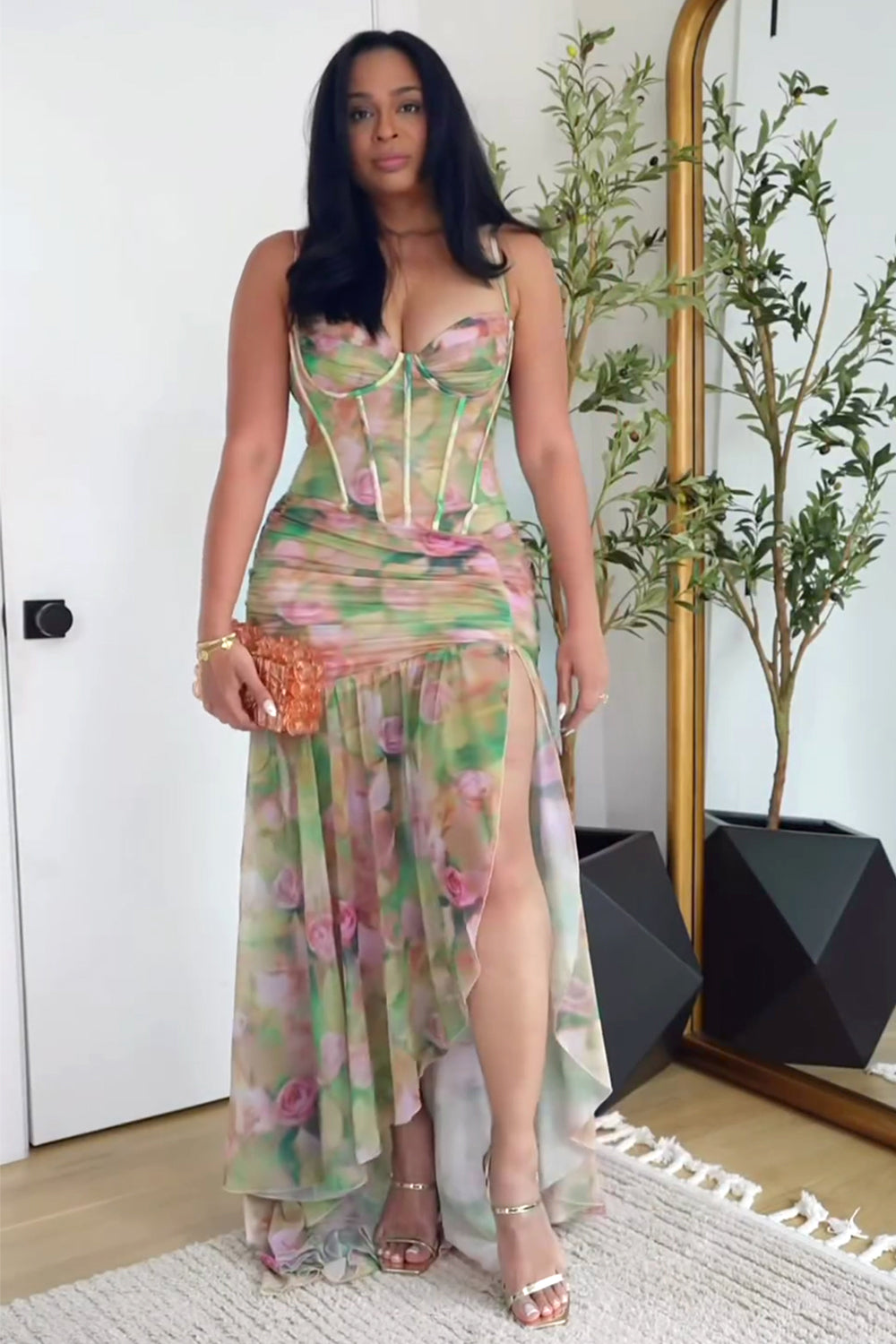 Floral Print Corset Ruched Slit Party Cami Maxi Dresses-Green [Pre Order]