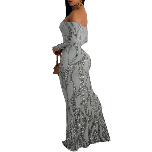 Women's Elegant off-Neck Evening Dress Printed Black Dress