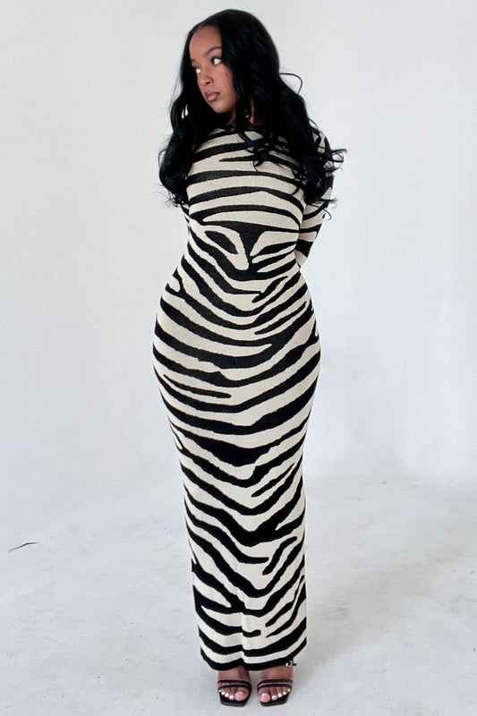 Zebra Knit Long Sleeve Slim-Fit Maxi Sweater Dresses-White [Pre Order]