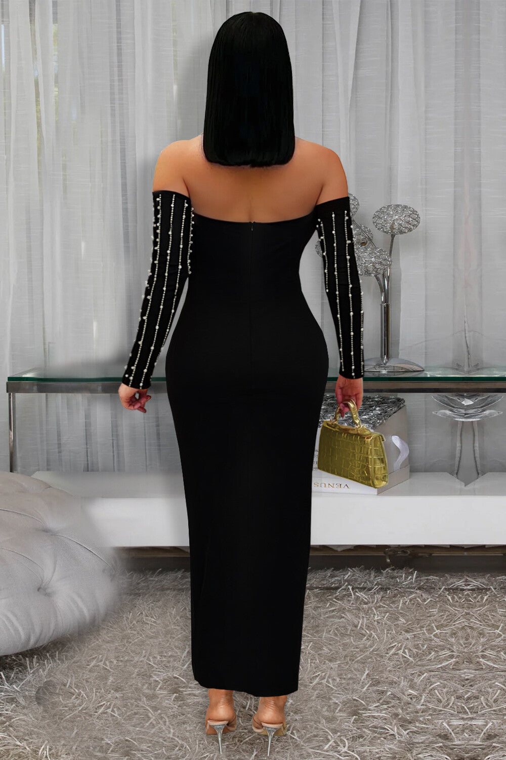 Off Shoulder Long Sleeve Faux Pearls Hot Drilling Party Maxi Dresses-Black