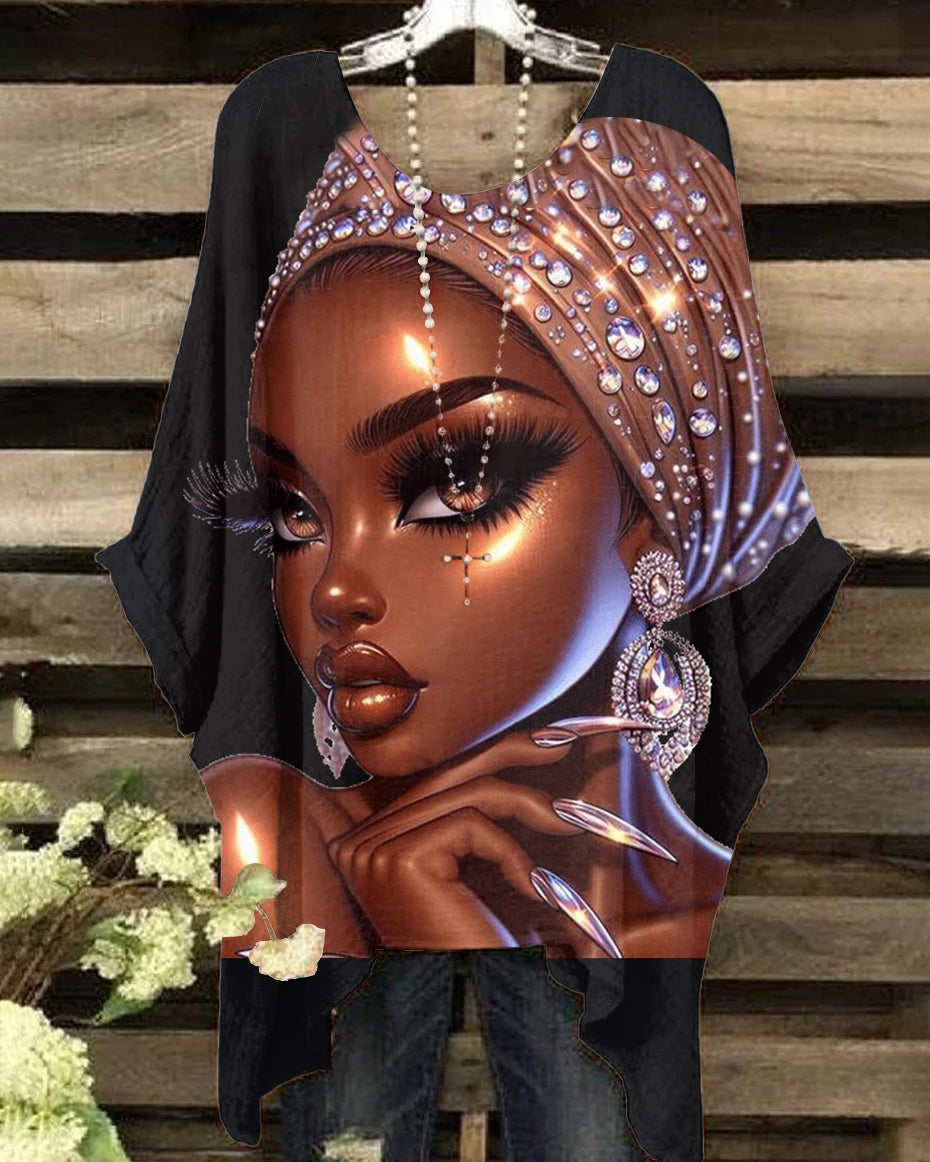 Women's Fashion Diamond Girl Art Print Irregular Shirt