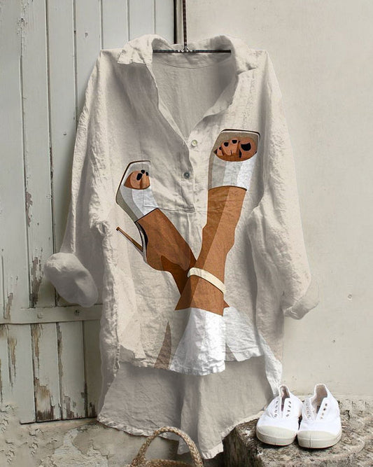 Women's Fashion Print Cotton And Linen Tunic Shirt