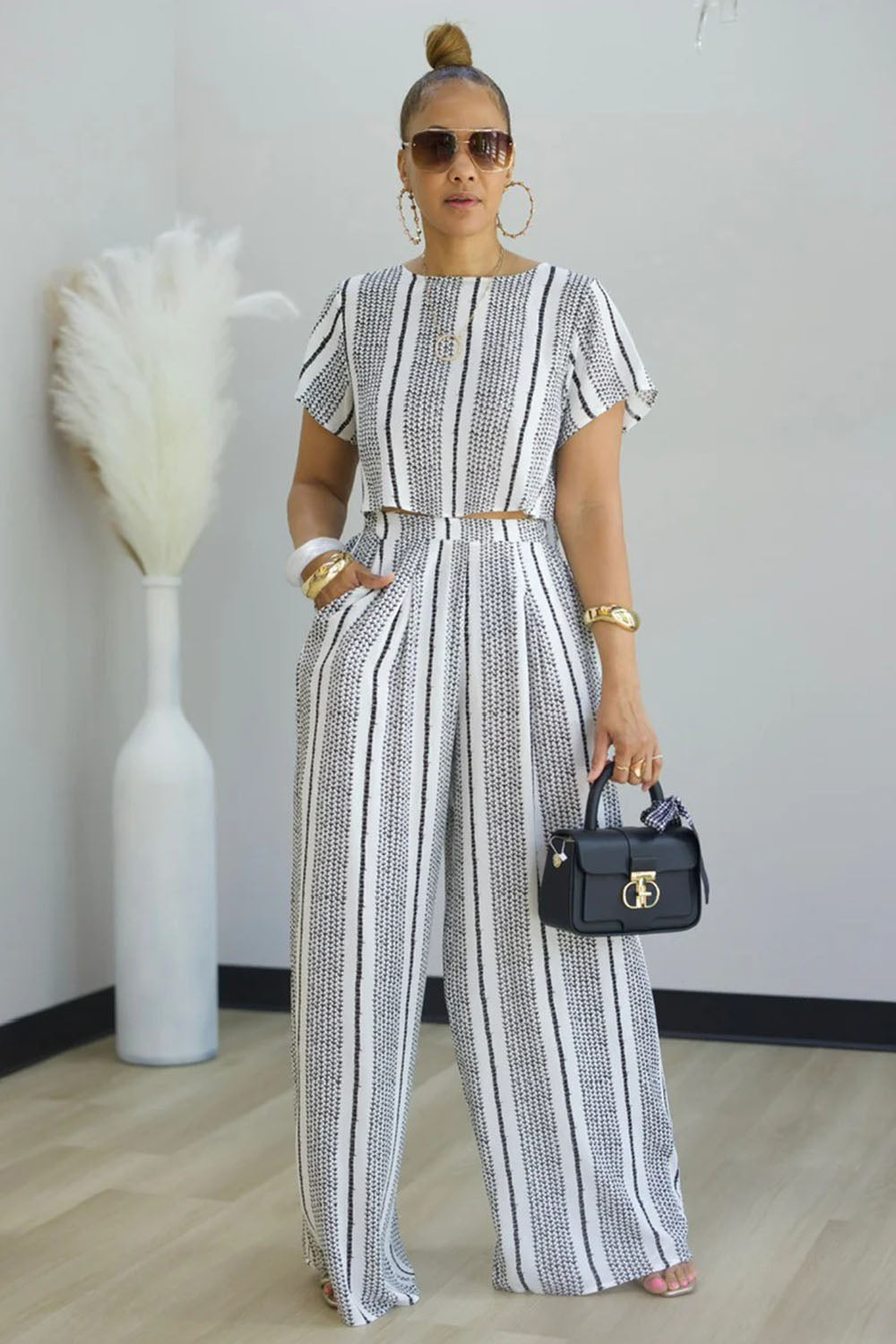 Stripe Print T-Shirt High-Rise Wide Leg Pants 2pcs Set-White [Pre Order]
