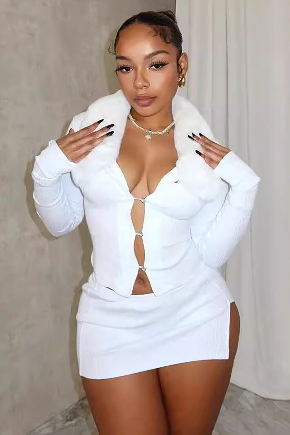 Fuzzy Turndown Collar Knit Button Up Crop Top Slit Mini Skirt 2pcs Set-White