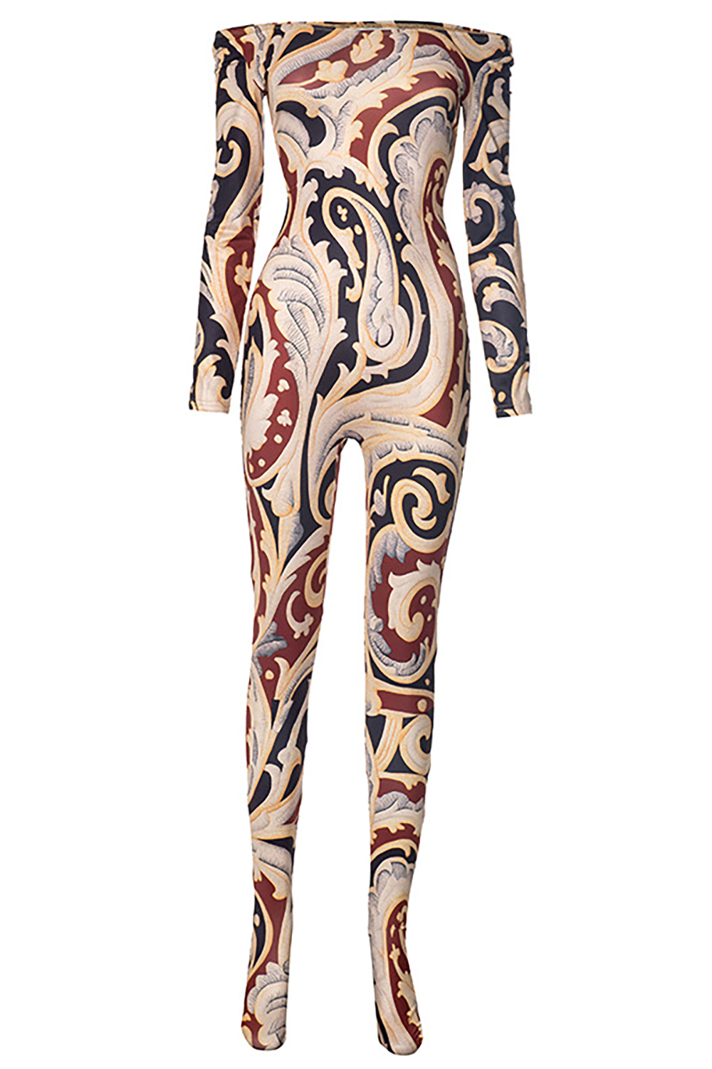 Graphic Print Off Shoulder Long Sleeve Slim Fit Multicolor Jumpsuit-Brown