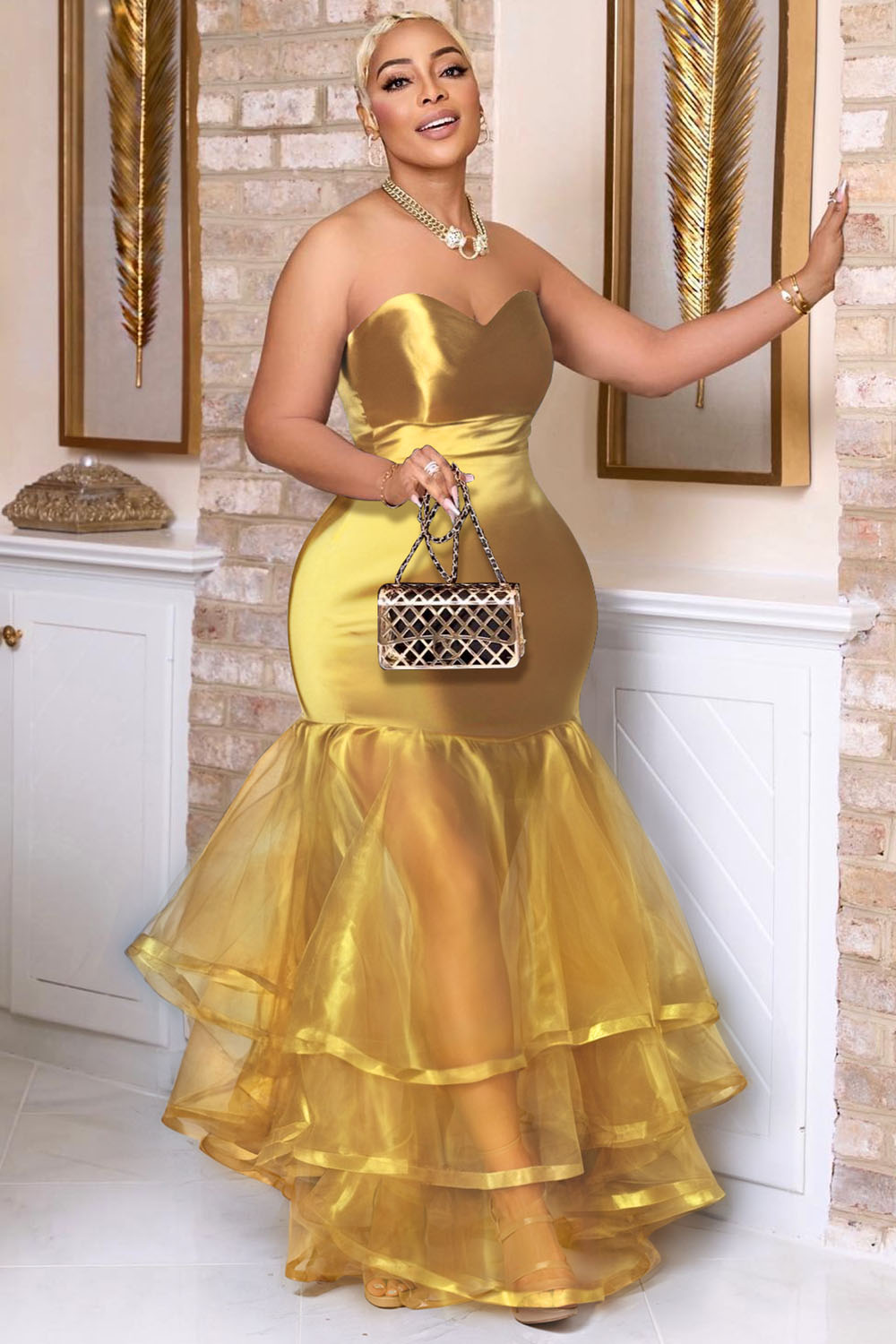 Sweetheart Neck Tulle Patchwork Party Fishtail Maxi Dresses-Gold [Pre Order]