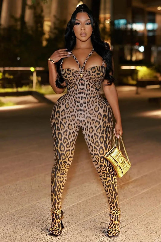 Straps Cutout Leopard Print Party BodyStocking Jumpsuit-Brown [Pre Order]