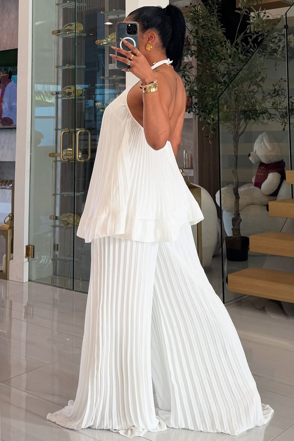 Pleated Halter Backless Top Ruffle Wide Leg Pants 2pcs Set-White [Pre Order]