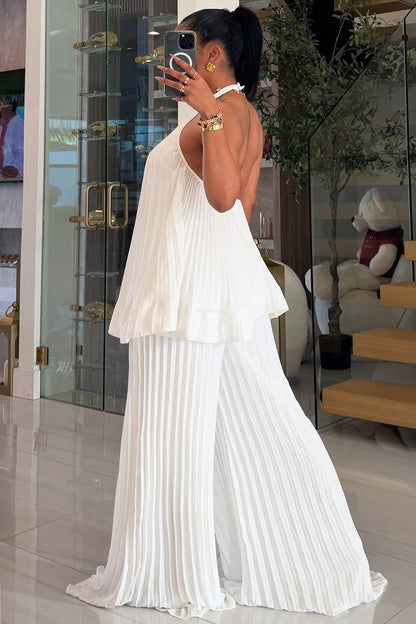 Pleated Halter Backless Top Ruffle Wide Leg Pants 2pcs Set-White [Pre Order]