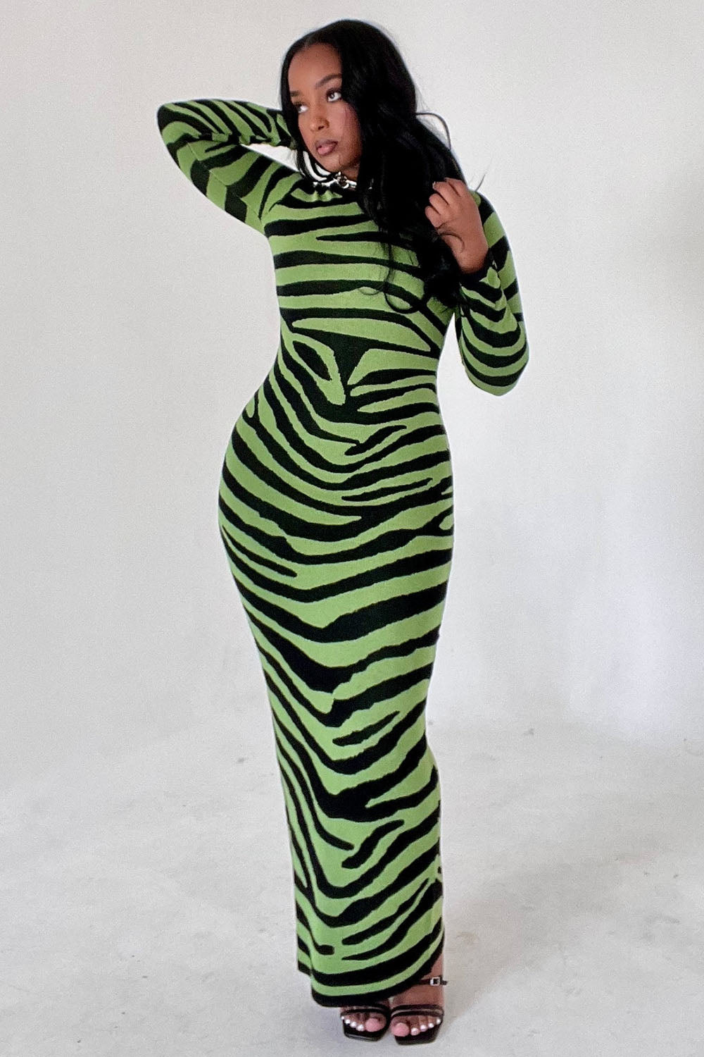 Zebra Knit Long Sleeve Slim-Fit Maxi Sweater Dresses-White [Pre Order]