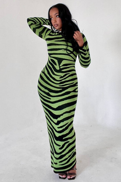 Zebra Knit Long Sleeve Slim-Fit Maxi Sweater Dresses-White [Pre Order]