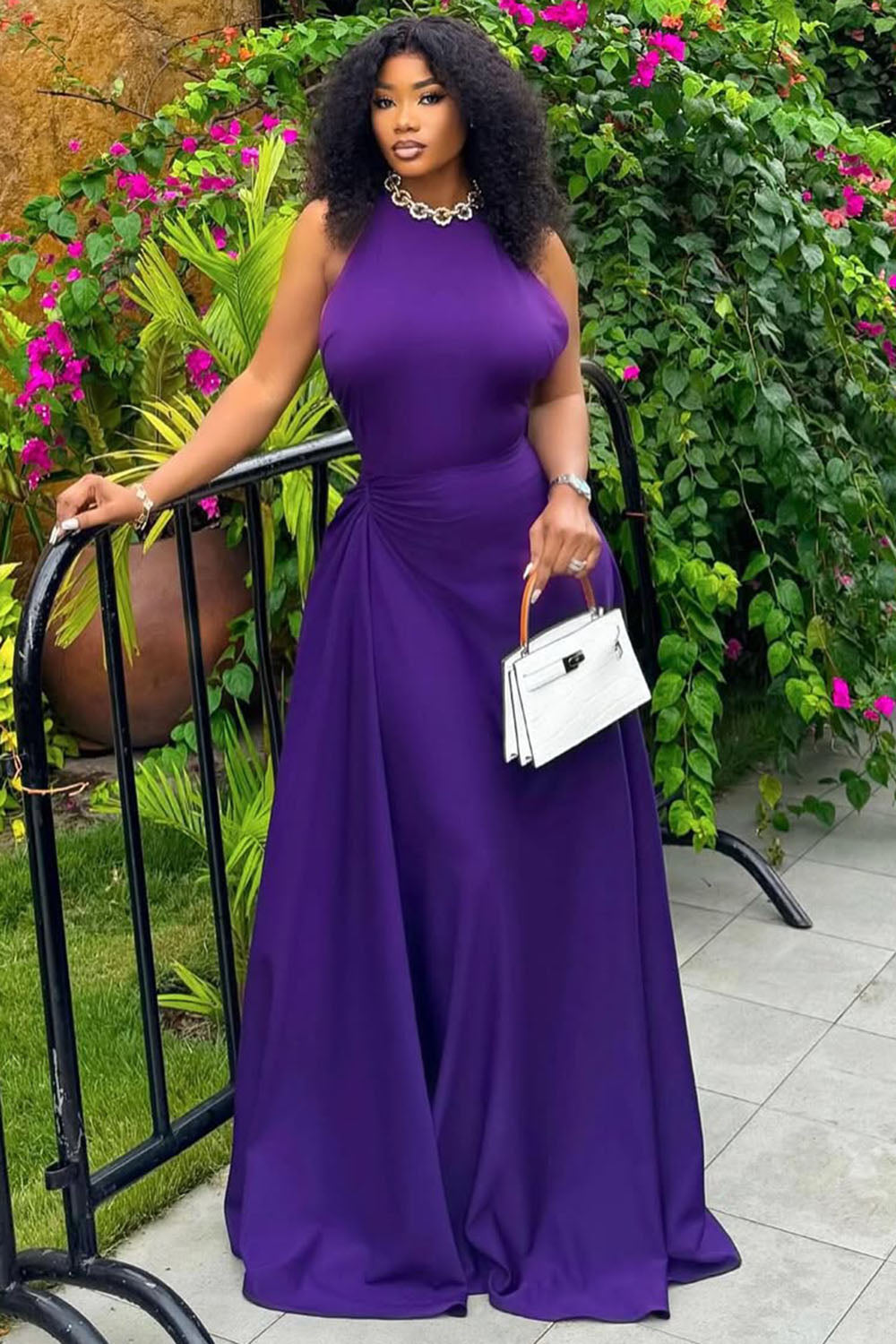 Ruched Sleeveless Solid Formal Party Maxi Dresses-Purple [Pre Order]
