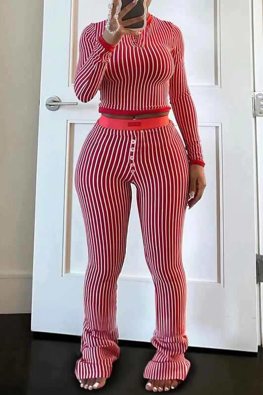 Striped Print Long Sleeve Crop Top High Waist Slim Fit Pants 2pcs Set-Red
