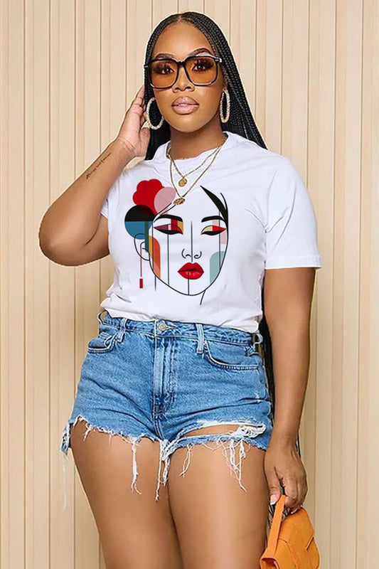 LORAGAL Sketch Face Graphic Print Short Sleeve Casual T-Shirt-White