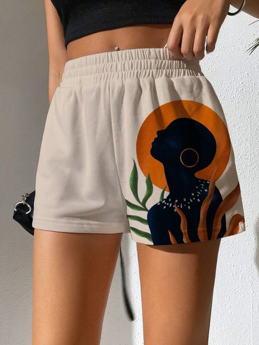 Women's African Female Waterweed Sunset Printed Elastic Waist Casual Shorts