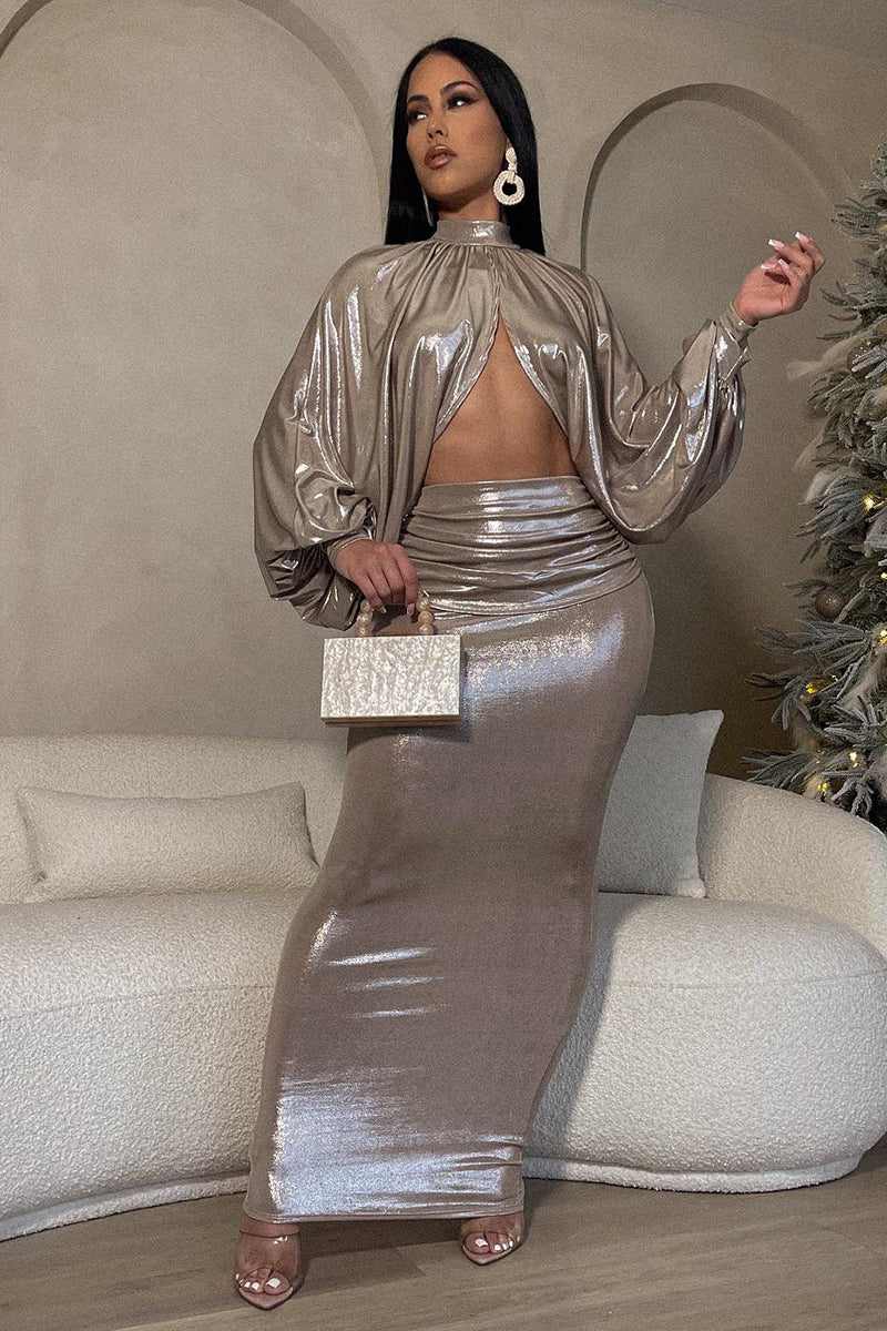High Neck Long Lantern Sleeve Irregular Hem Top Ruched Maxi Skirt Bronzing Party Matching Set