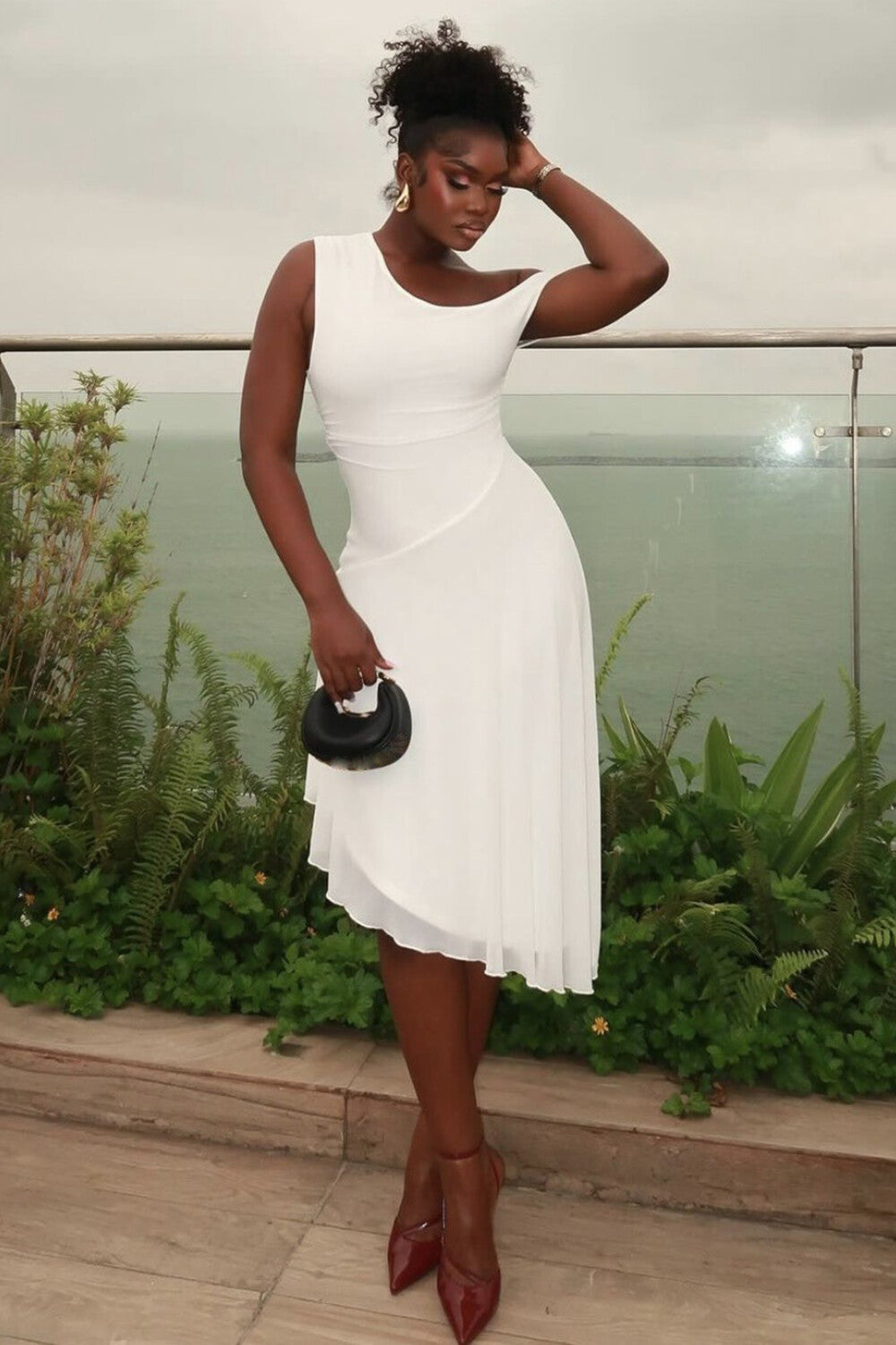 Skew Neck Asymmetrical Straps Cinch Waist Irregular Midi Dresses-White