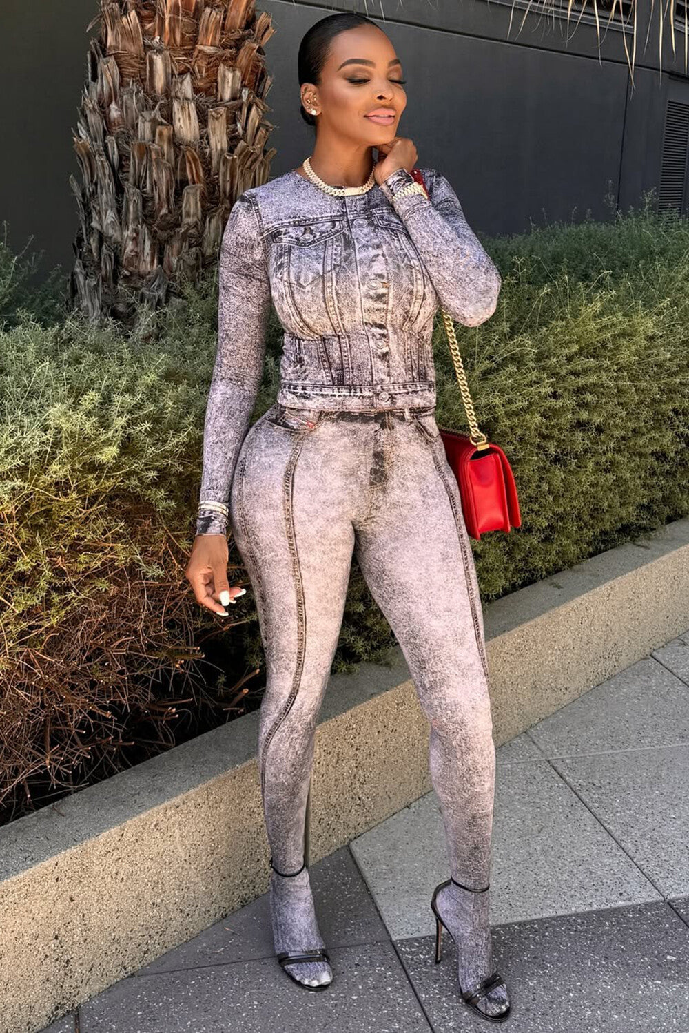 Washed Print Slim-Fit Crop Jacket Leggings Pants 2pcs Set-Gray [Pre Order]