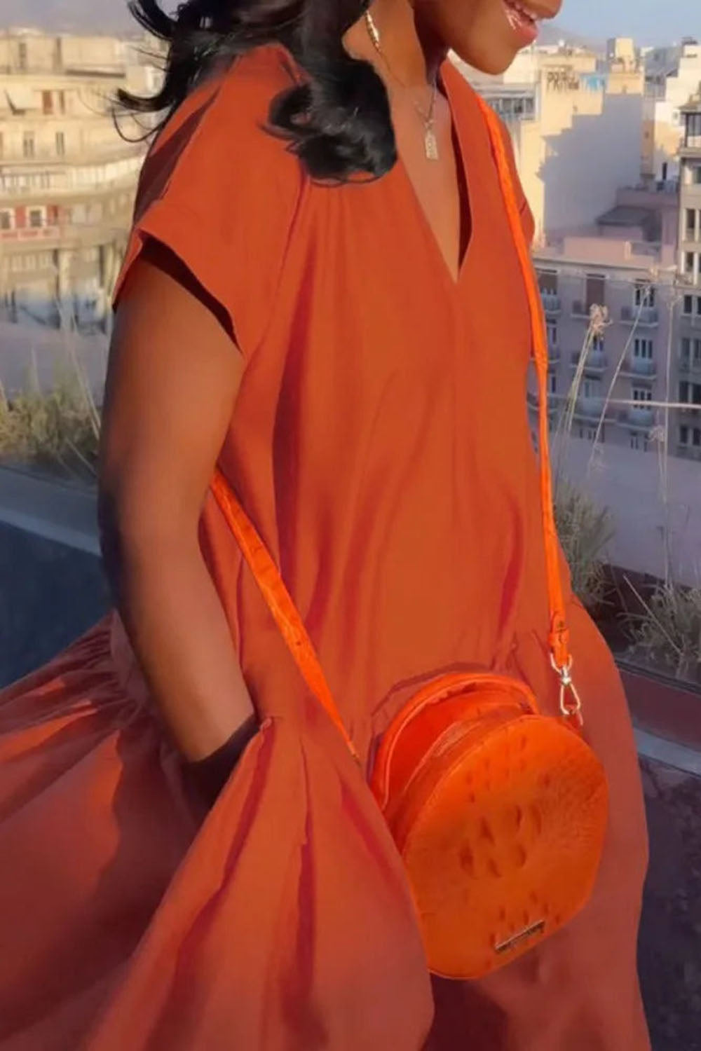 V Neck Cap Sleeve Pocket Quilted Solid Vacay Maxi Dresses-Orange