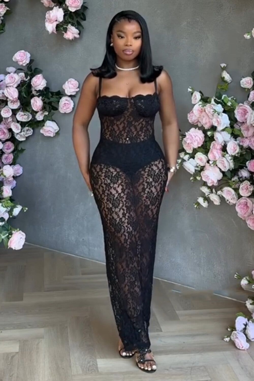 Guipure Lace See-Through Slim-Fit Party Maxi Slip Dresses-Black [Pre Order]