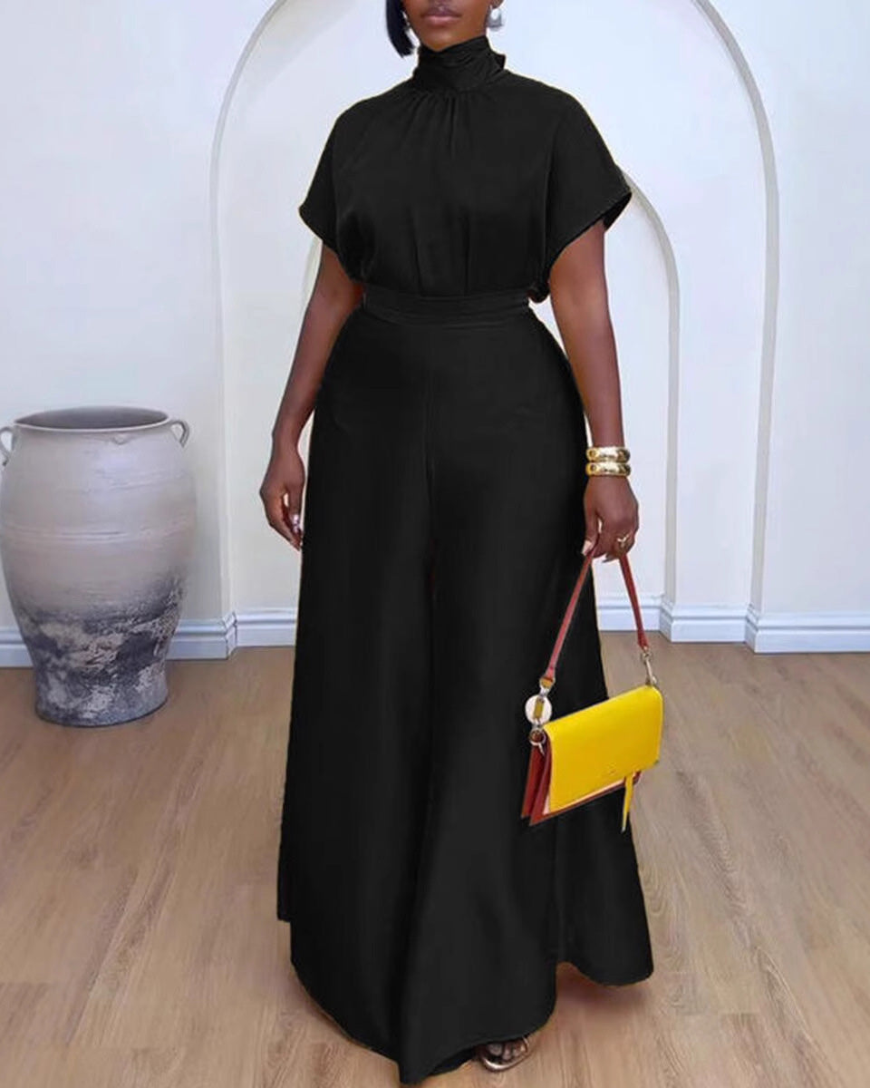 Temperament Commuter Style Satin Silky Strap Flying Sleeve Wide Leg Two-Piece Suit