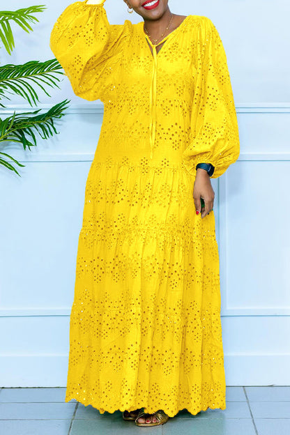 Stylish V-Neck Hollow Out Maxi Dress
