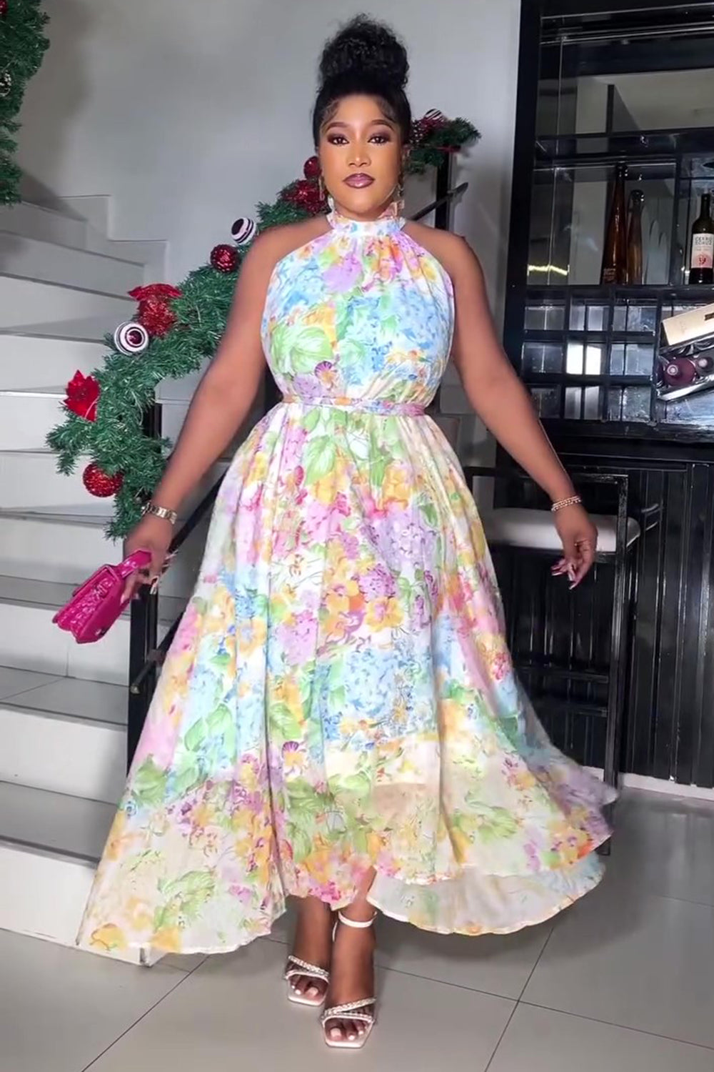 Halter Floral Print Cinch Waist Vacation Maxi Dresses-Multicolor [Pre Order]
