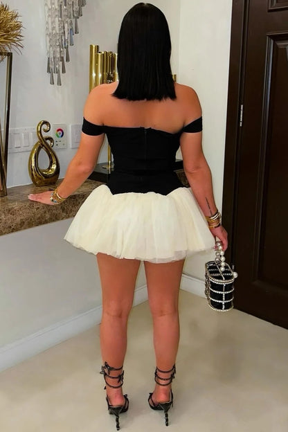 Off Shoulder Colorblock Patchwork Party Tulle Mini Dresses-Black [Pre Order]