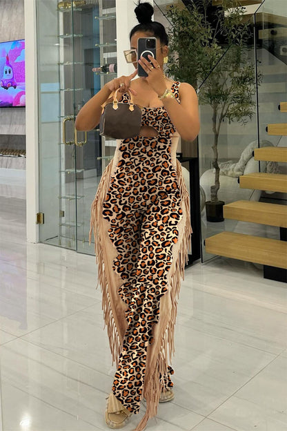 Leopard Print Cutout Fringe Party Sleeveless Jumpsuit-Brown [Pre Order]