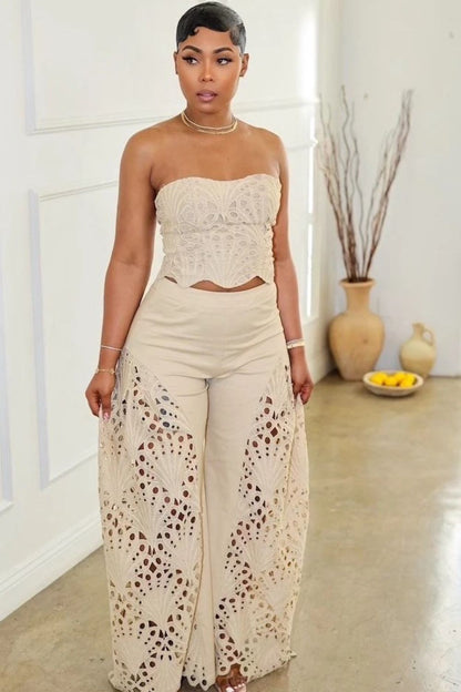 Corset Tube Top Cutwork Patchwork Pants Vacation 2pcs Set-White