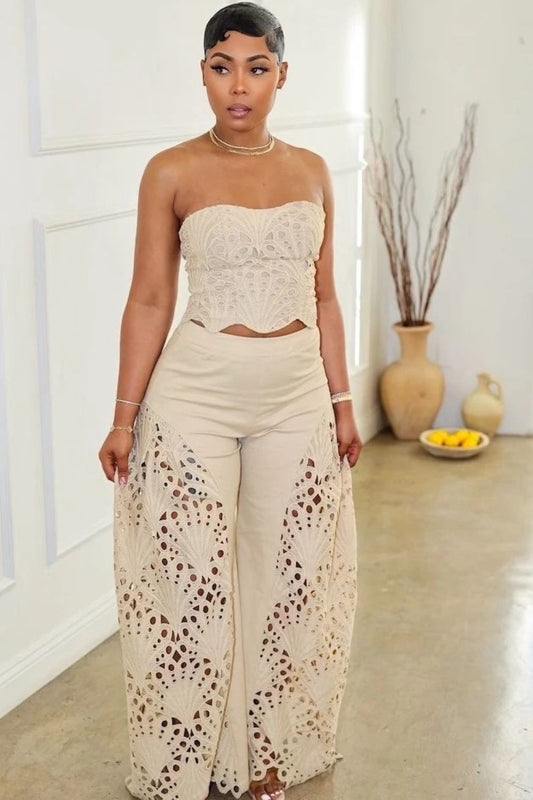Corset Tube Top Cutwork Patchwork Pants Vacation 2pcs Set-White