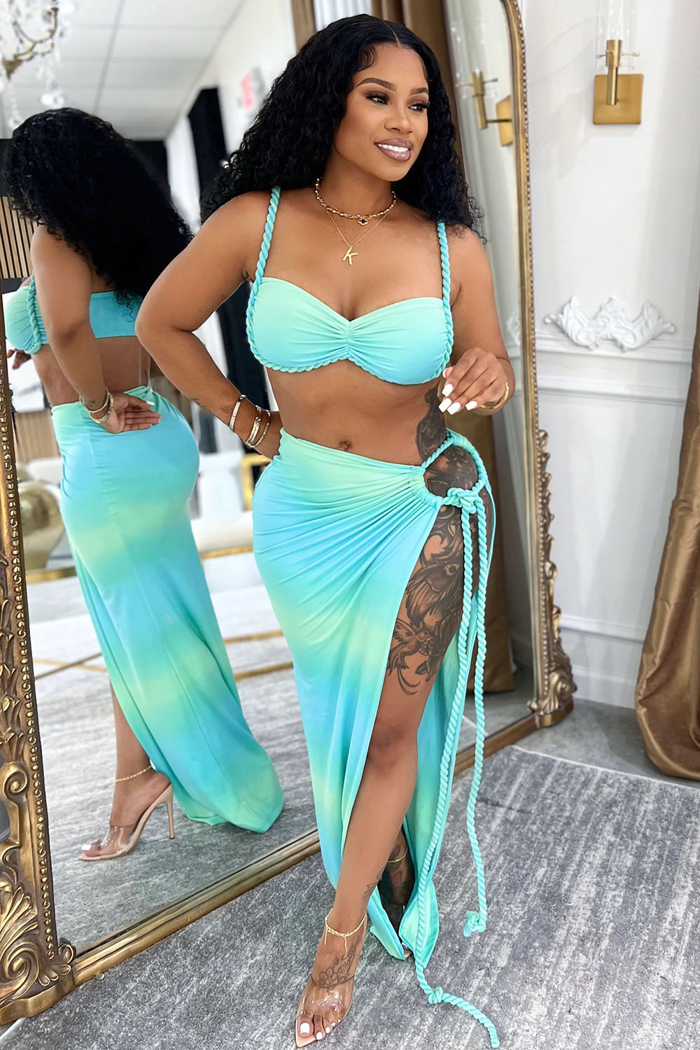Braid Bikini Top Ombre Print Slit Maxi Skirt Party 2pcs Set-Pink [Pre Order]
