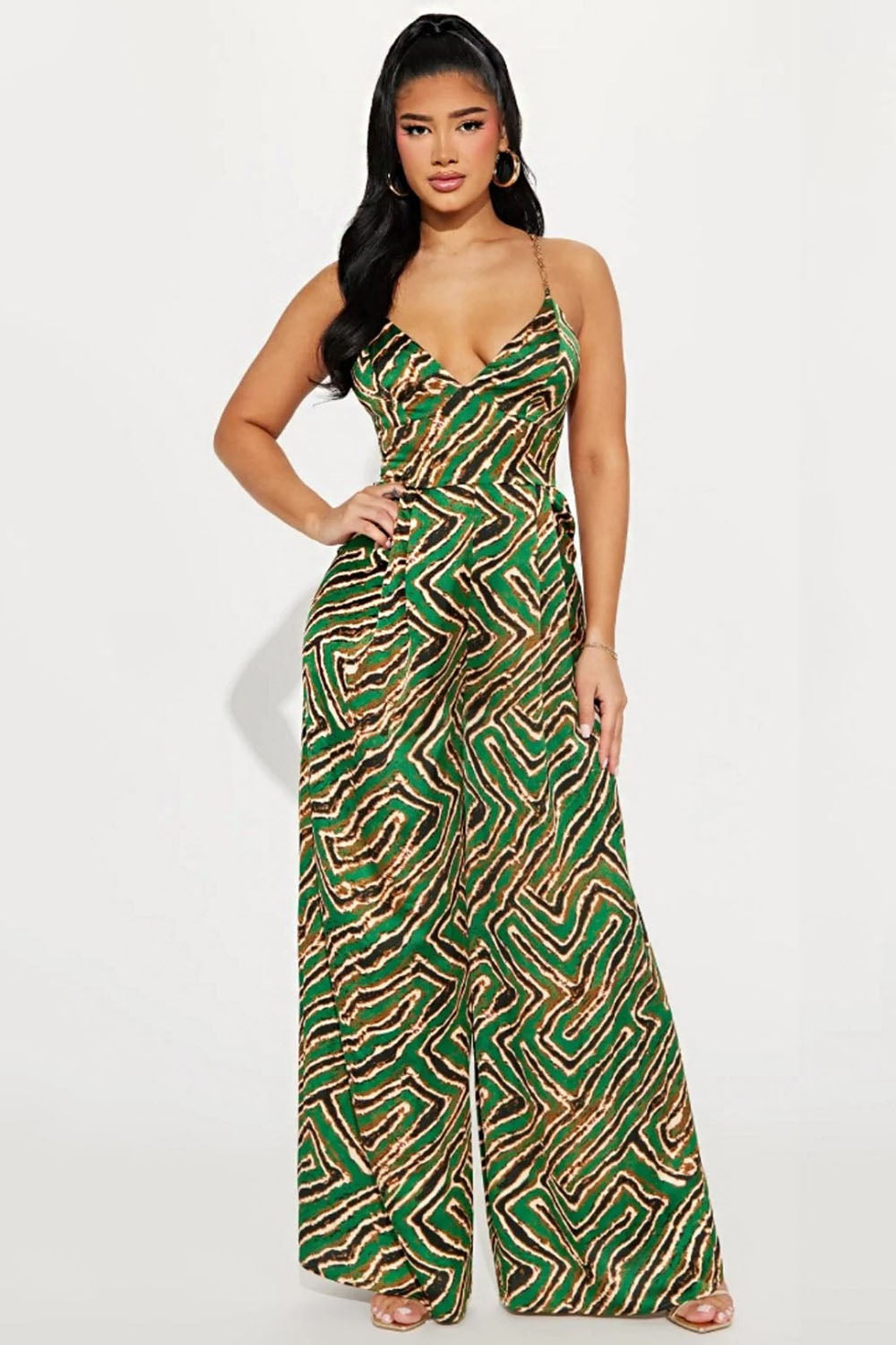 V Neck Back Cross Cami Print Vacation Wide Leg Jumpsuit-Green [Pre Order]
