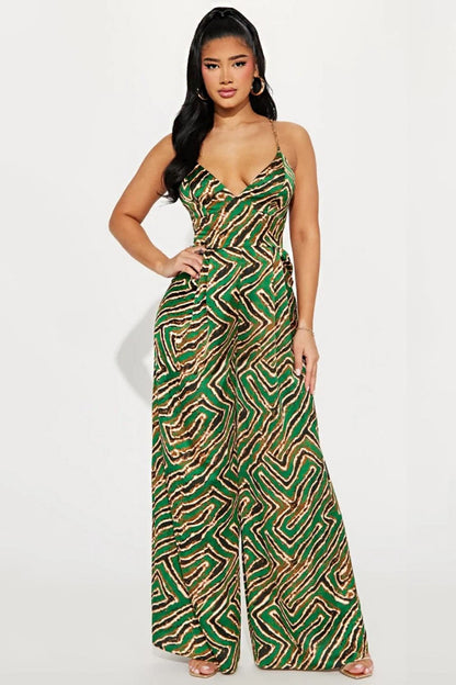 V Neck Back Cross Cami Print Vacation Wide Leg Jumpsuit-Green [Pre Order]